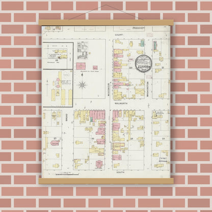 Old map wall art mockup — magnetic wood frame on brick wall — Sanborn Fire Insurance Map from Elkhorn, Walworth County, Wisconsin (1893), Sheet #0001