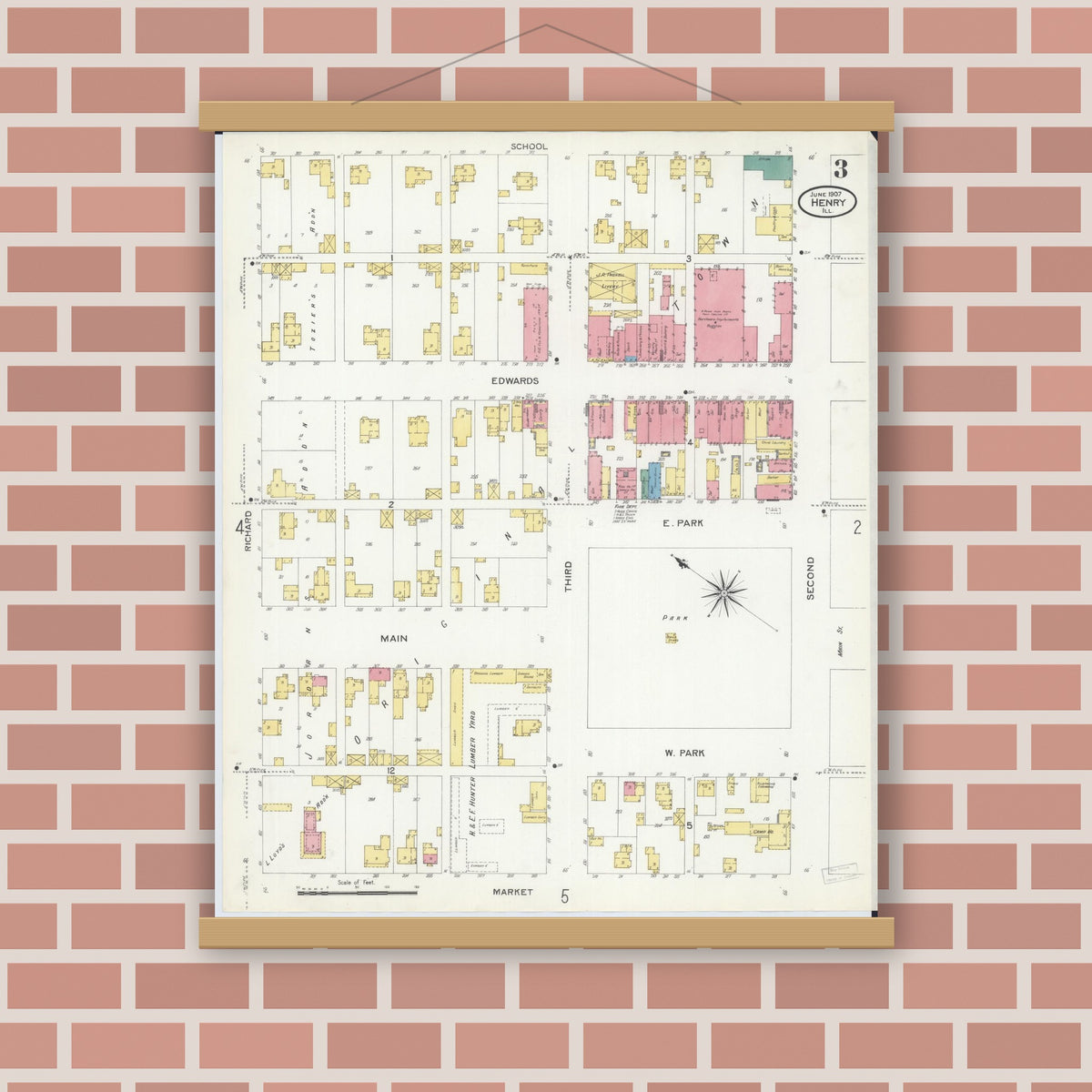 Old map wall art mockup — magnetic wood frame on brick wall — Sanborn Fire Insurance Map from Henry, Marshall County, Illinois (1907), Sheet #0003