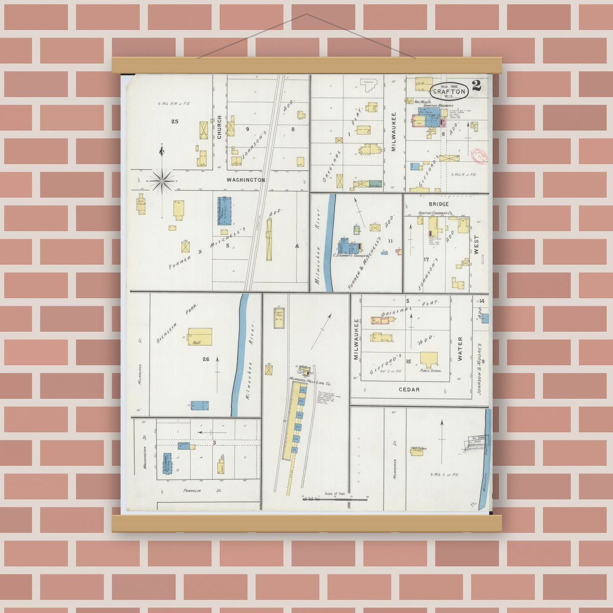 Old map wall art mockup — magnetic wood frame on brick wall — Sanborn Fire Insurance Map from Grafton, Ozankee County, Wisconsin (1894), Sheet #0002