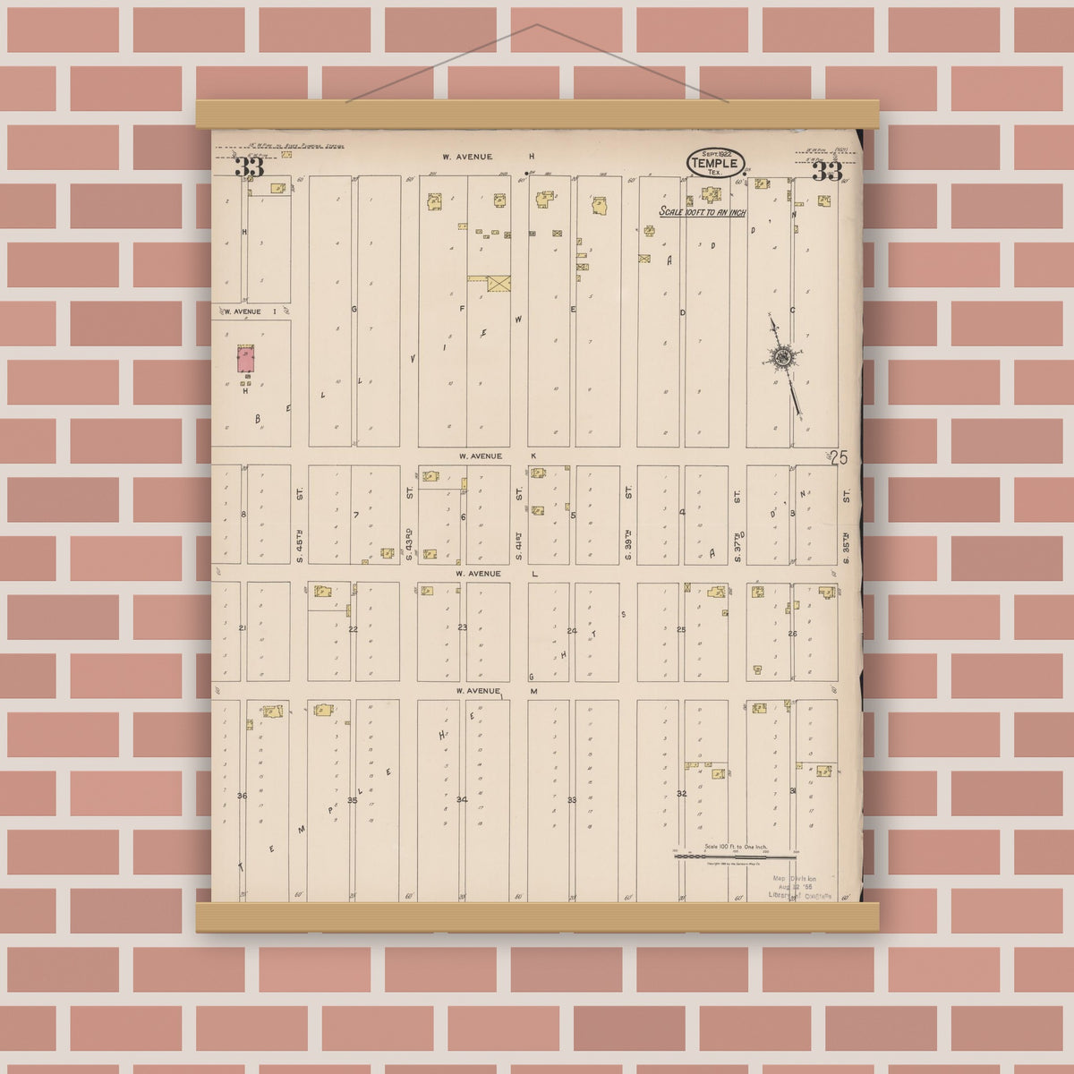 Old map wall art mockup — magnetic wood frame on brick wall — Sanborn Fire Insurance Map from Temple, Bell County, Texas (1922), Sheet #0033