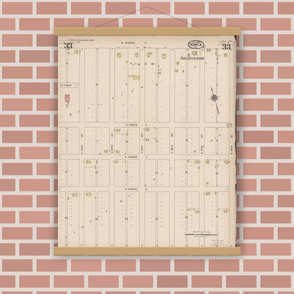 Old map wall art mockup — magnetic wood frame on brick wall — Sanborn Fire Insurance Map from Temple, Bell County, Texas (1922), Sheet #0033