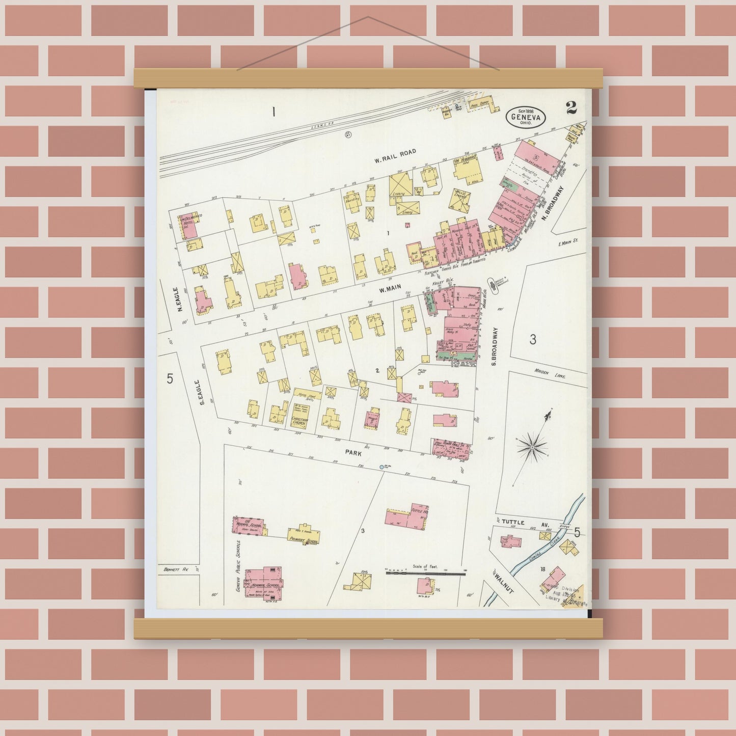 Old map wall art mockup — magnetic wood frame on brick wall — Sanborn Fire Insurance Map from Geneva, Ashtabula County, Ohio (1898), Sheet #0002