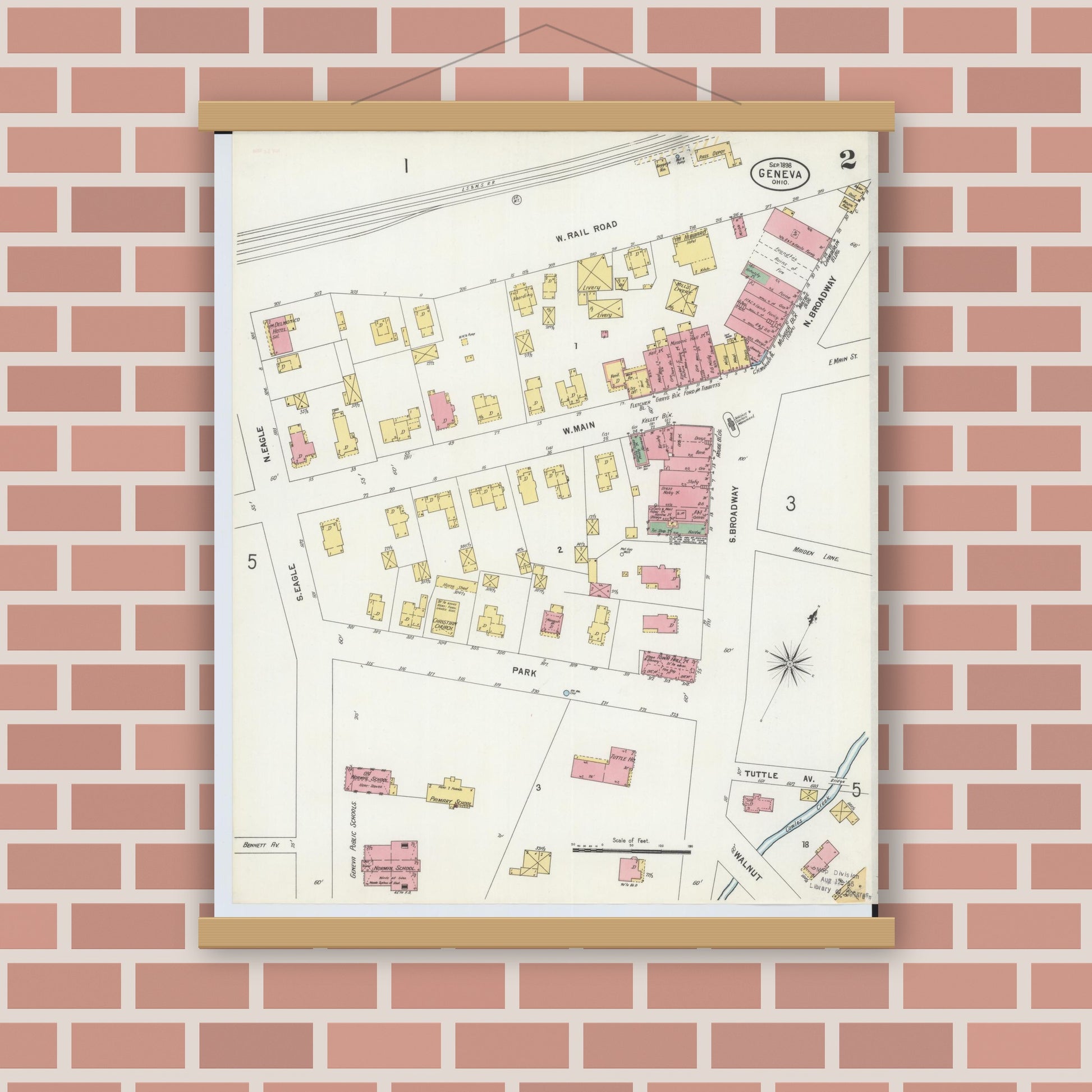 Old map wall art mockup — magnetic wood frame on brick wall — Sanborn Fire Insurance Map from Geneva, Ashtabula County, Ohio (1898), Sheet #0002