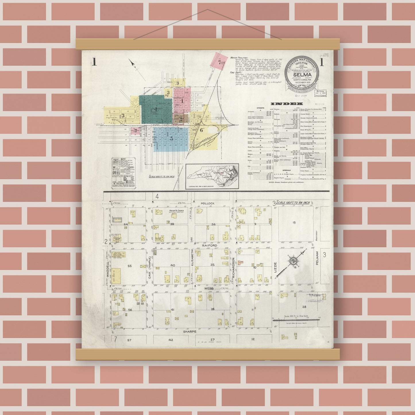 Old map wall art mockup — magnetic wood frame on brick wall — Sanborn Fire Insurance Map from Selma, Johnston County, North Carolina (1923) - Complete Map Set