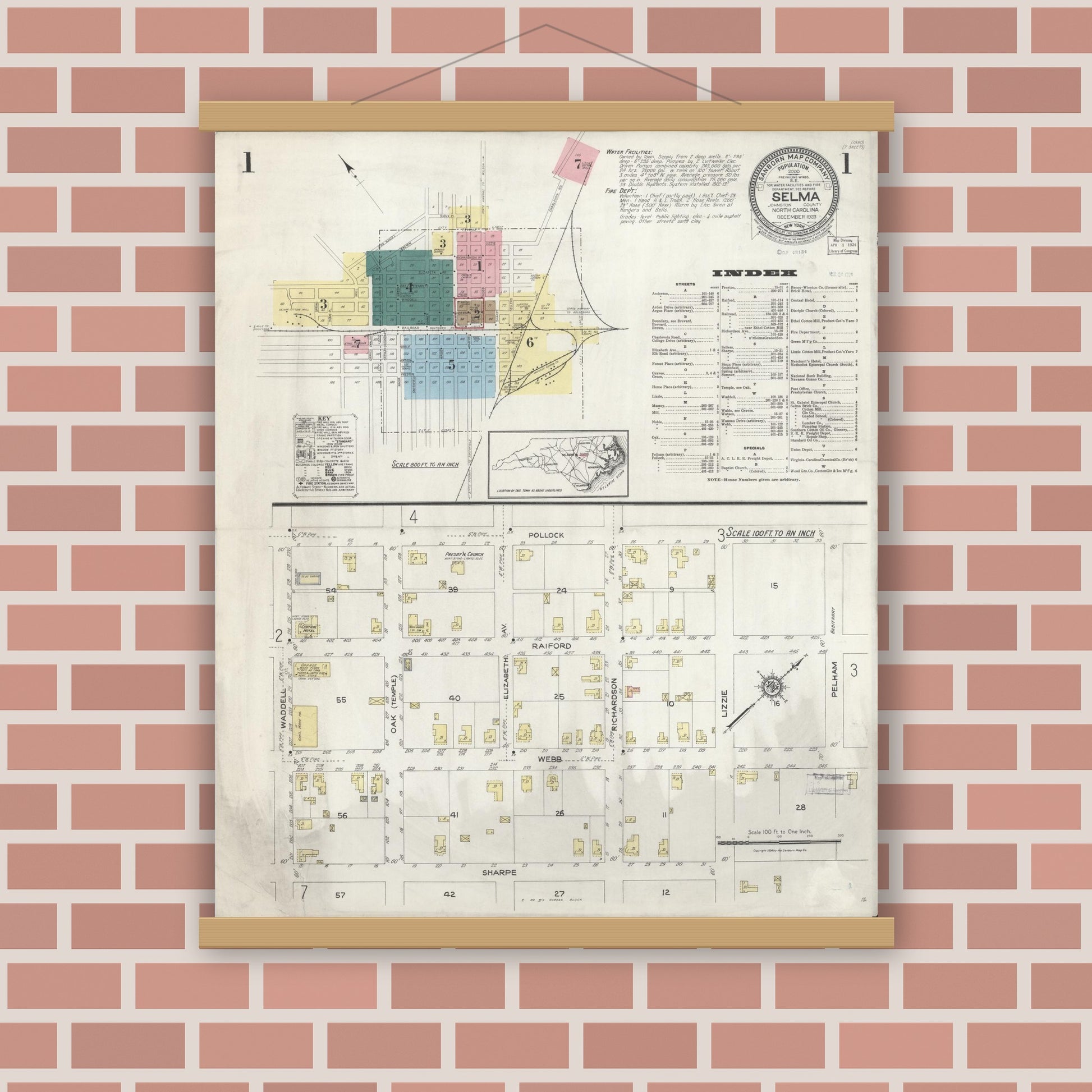 Old map wall art mockup — magnetic wood frame on brick wall — Sanborn Fire Insurance Map from Selma, Johnston County, North Carolina (1923) - Complete Map Set