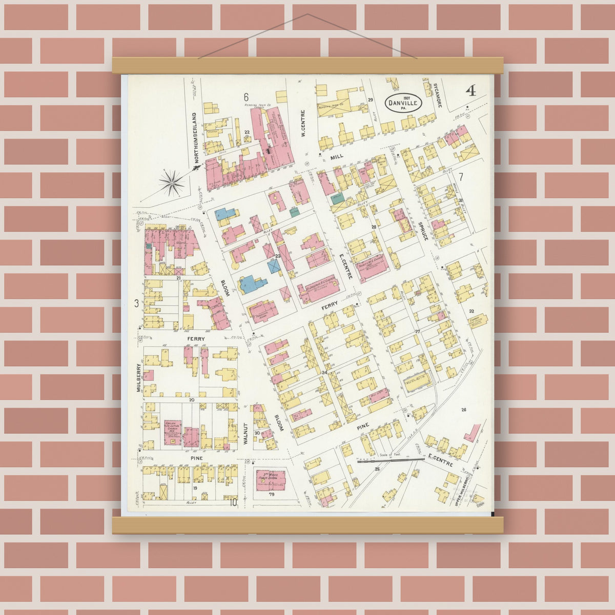 Old map wall art mockup — magnetic wood frame on brick wall — Sanborn Fire Insurance Map from Danville, Montour County, Pennsylvania (1907), Sheet #0004
