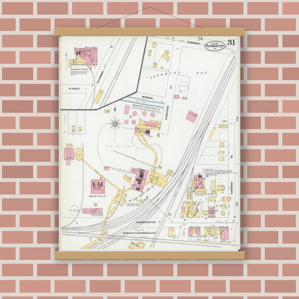 Old map wall art mockup — magnetic wood frame on brick wall — Sanborn Fire Insurance Map from Bloomington, McLean County, Illinois (1901), Sheet #0031