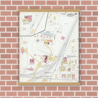 Old map wall art mockup — magnetic wood frame on brick wall — Sanborn Fire Insurance Map from Bloomington, McLean County, Illinois (1901), Sheet #0031