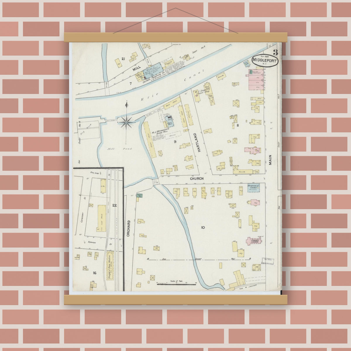 Old map wall art mockup — magnetic wood frame on brick wall — Sanborn Fire Insurance Map from Middleport, Niagara County, New York (1889), Sheet #0003