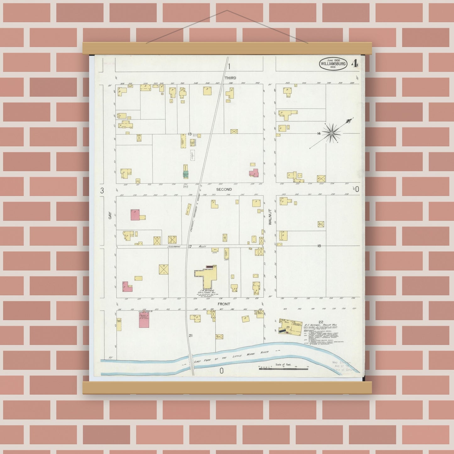 Old map wall art mockup — magnetic wood frame on brick wall — Sanborn Fire Insurance Map from Williamsburg, Clermont County, Ohio (1900), Sheet #0004
