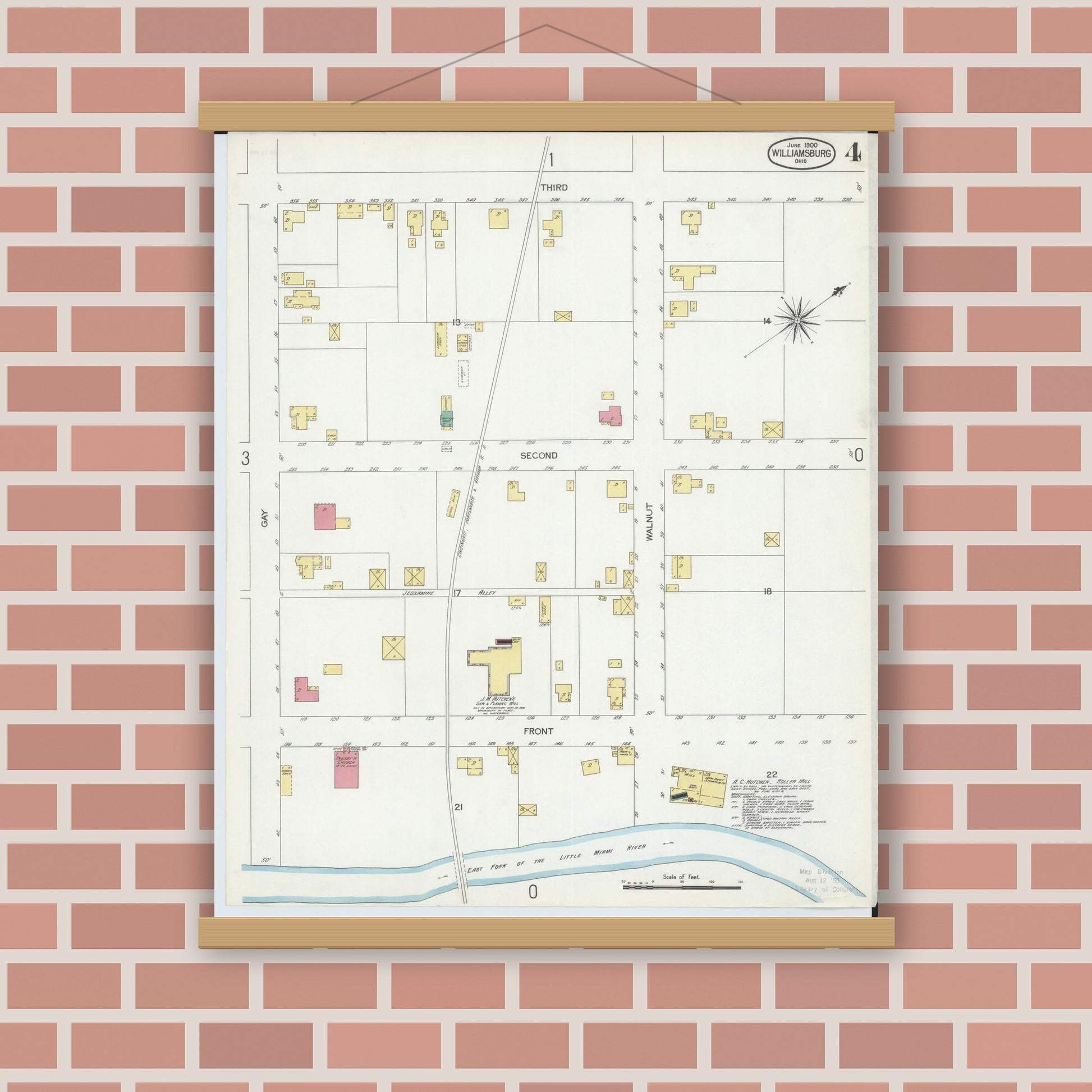 Old map wall art mockup — magnetic wood frame on brick wall — Sanborn Fire Insurance Map from Williamsburg, Clermont County, Ohio (1900), Sheet #0004