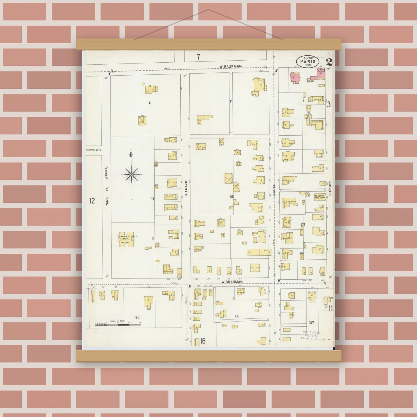 Old map wall art mockup — magnetic wood frame on brick wall — Sanborn Fire Insurance Map from Paris, Lamar County, Texas (1902), Sheet #0002