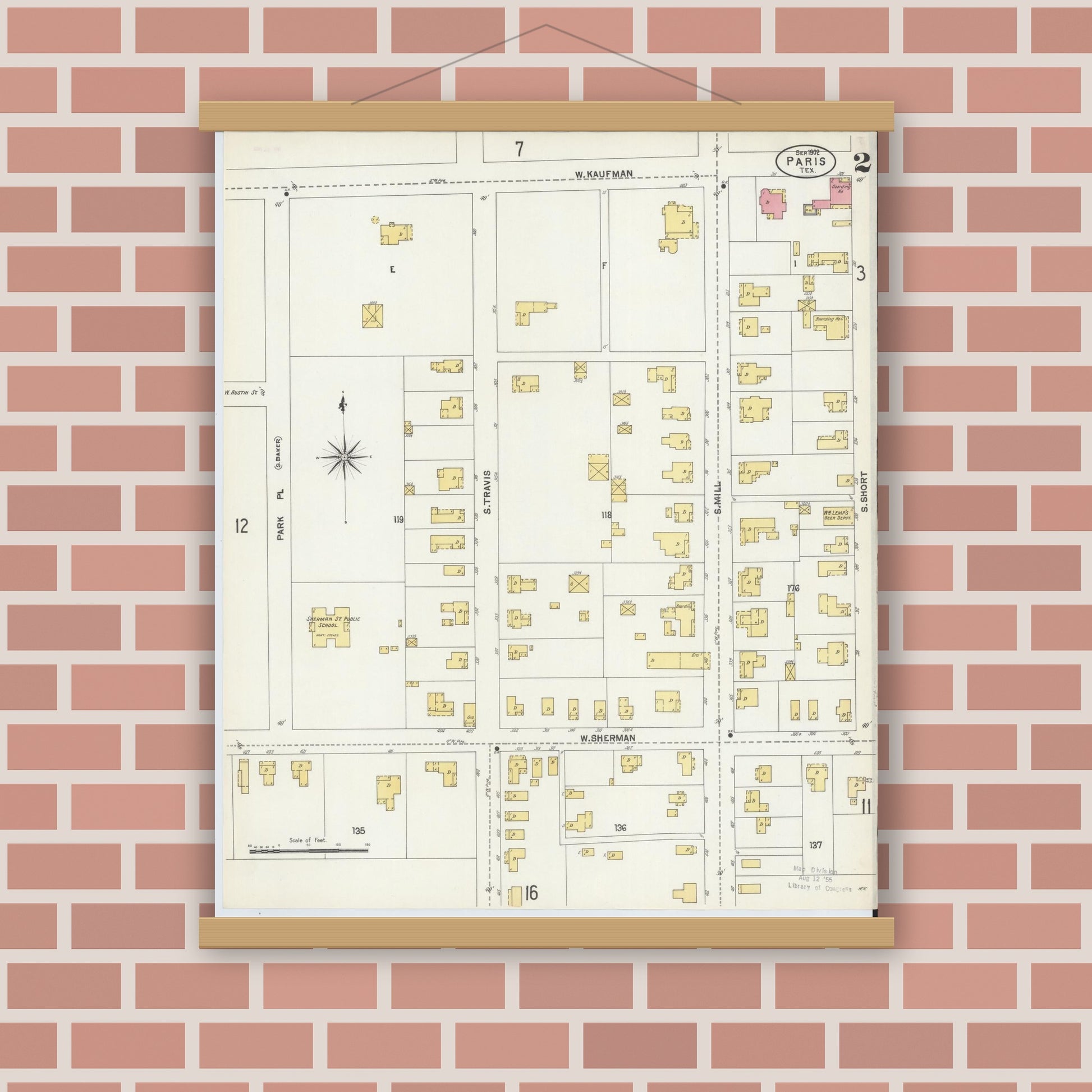 Old map wall art mockup — magnetic wood frame on brick wall — Sanborn Fire Insurance Map from Paris, Lamar County, Texas (1902), Sheet #0002