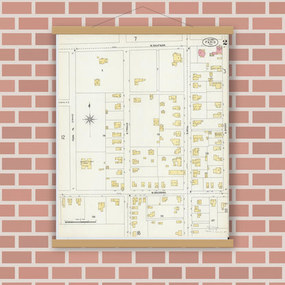 Old map wall art mockup — magnetic wood frame on brick wall — Sanborn Fire Insurance Map from Paris, Lamar County, Texas (1902), Sheet #0002