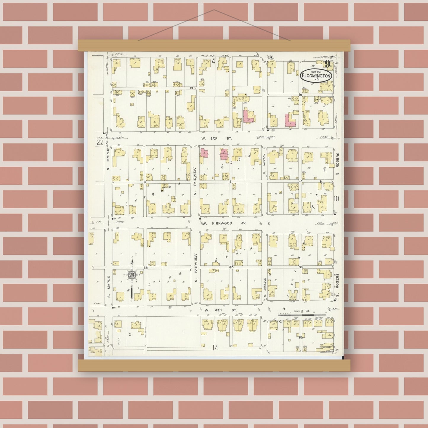 Old map wall art mockup — magnetic wood frame on brick wall — Sanborn Fire Insurance Map from Bloomington, Monroe County, Indiana (1913), Sheet #0009