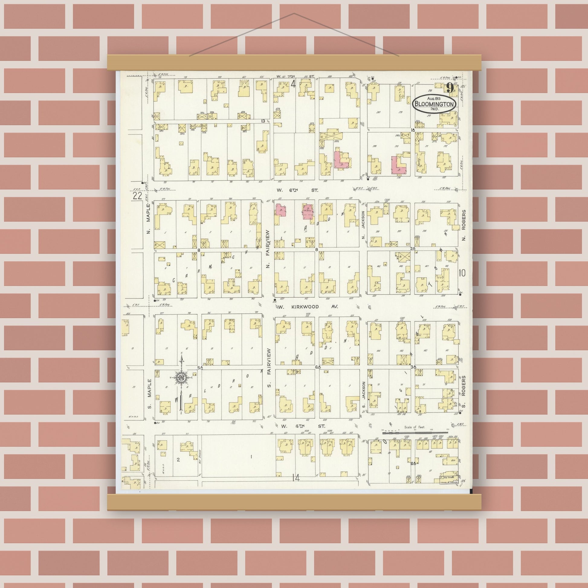 Old map wall art mockup — magnetic wood frame on brick wall — Sanborn Fire Insurance Map from Bloomington, Monroe County, Indiana (1913), Sheet #0009