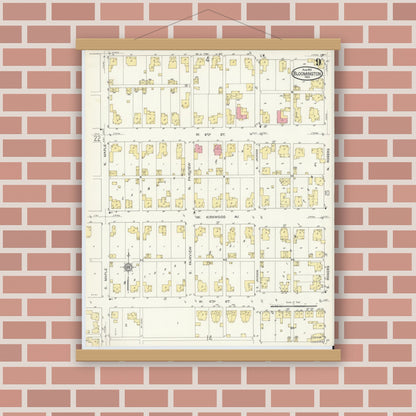 Old map wall art mockup — magnetic wood frame on brick wall — Sanborn Fire Insurance Map from Bloomington, Monroe County, Indiana (1913), Sheet #0009