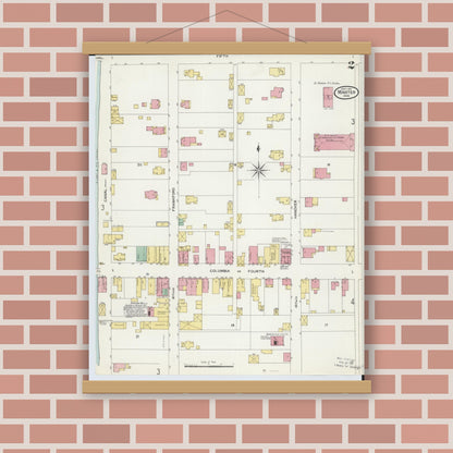 Old map wall art mockup — magnetic wood frame on brick wall — Sanborn Fire Insurance Map from Minster, Auglaize County, Ohio (1907), Sheet #0002