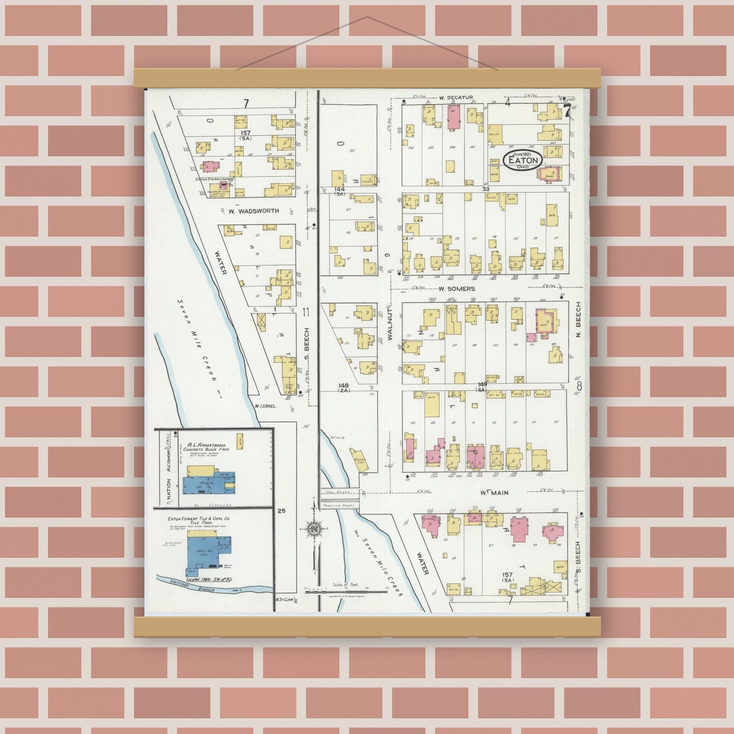 Old map wall art mockup — magnetic wood frame on brick wall — Sanborn Fire Insurance Map from Eaton, Preble County, Ohio (1921), Sheet #0007