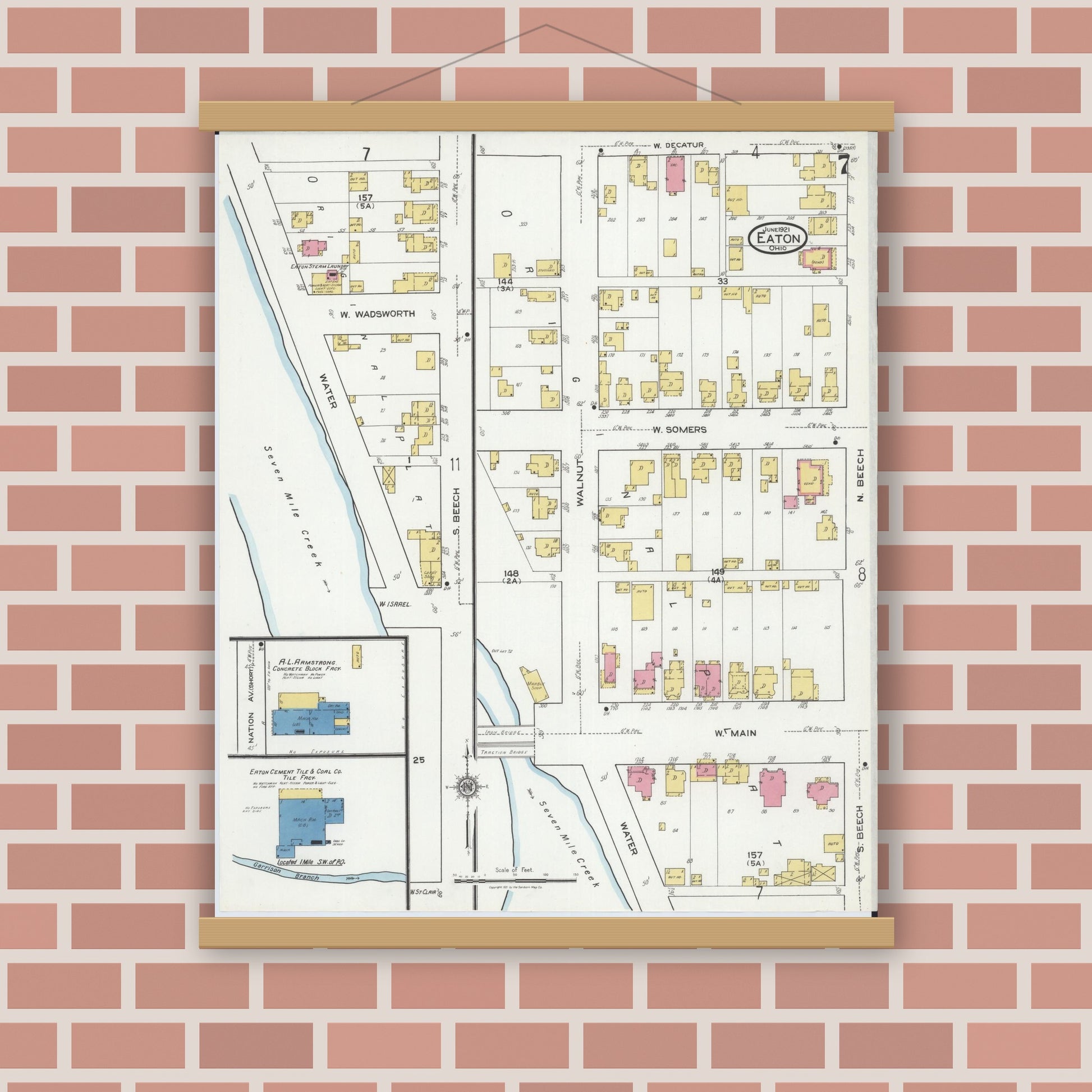 Old map wall art mockup — magnetic wood frame on brick wall — Sanborn Fire Insurance Map from Eaton, Preble County, Ohio (1921), Sheet #0007