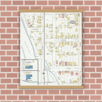 Old map wall art mockup — magnetic wood frame on brick wall — Sanborn Fire Insurance Map from Eaton, Preble County, Ohio (1921), Sheet #0007