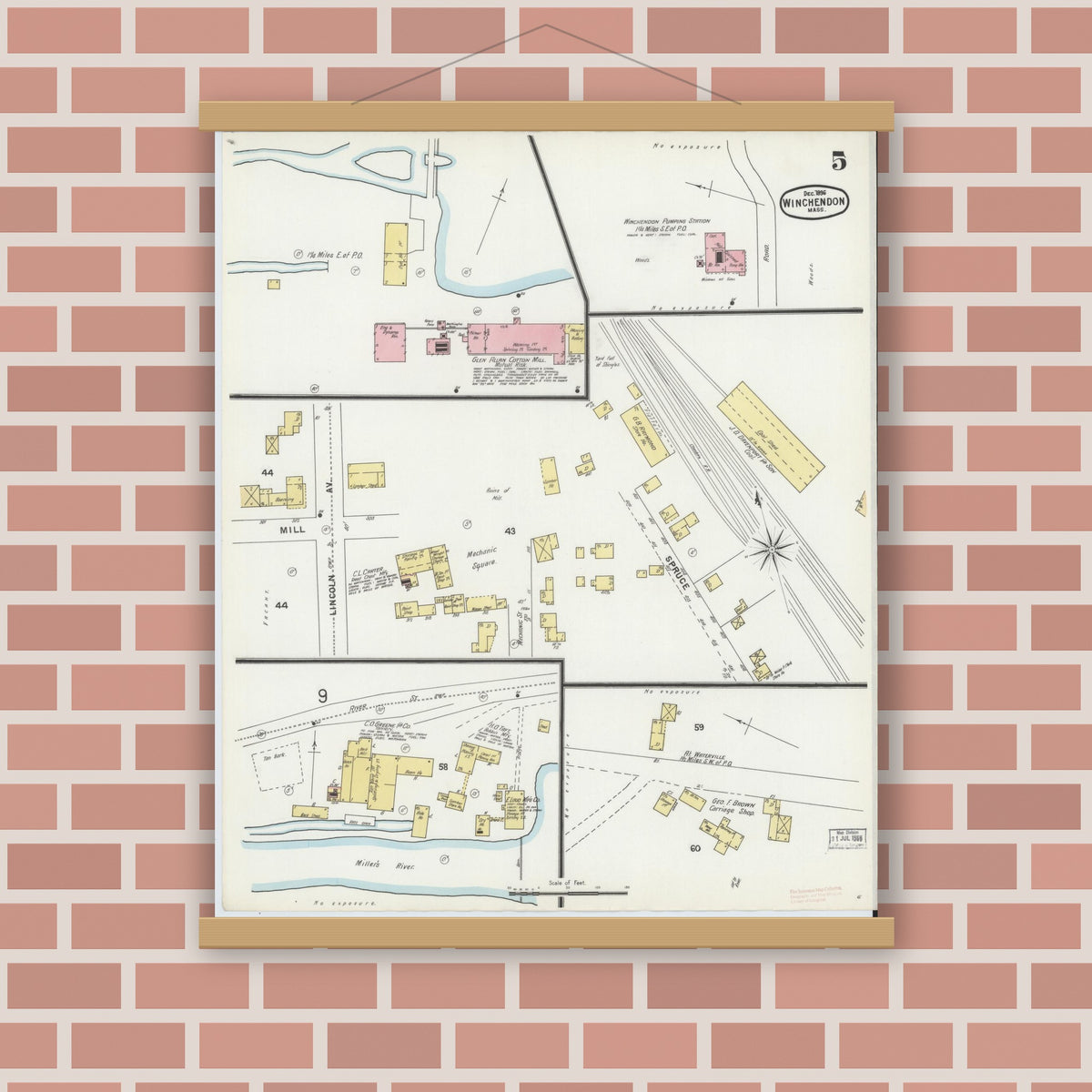Old map wall art mockup — magnetic wood frame on brick wall — Sanborn Fire Insurance Map from Winchendon, Worcester County, Massachusetts (1896), Sheet #0005