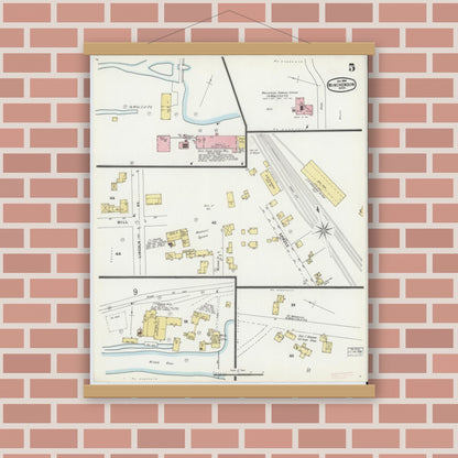 Old map wall art mockup — magnetic wood frame on brick wall — Sanborn Fire Insurance Map from Winchendon, Worcester County, Massachusetts (1896), Sheet #0005