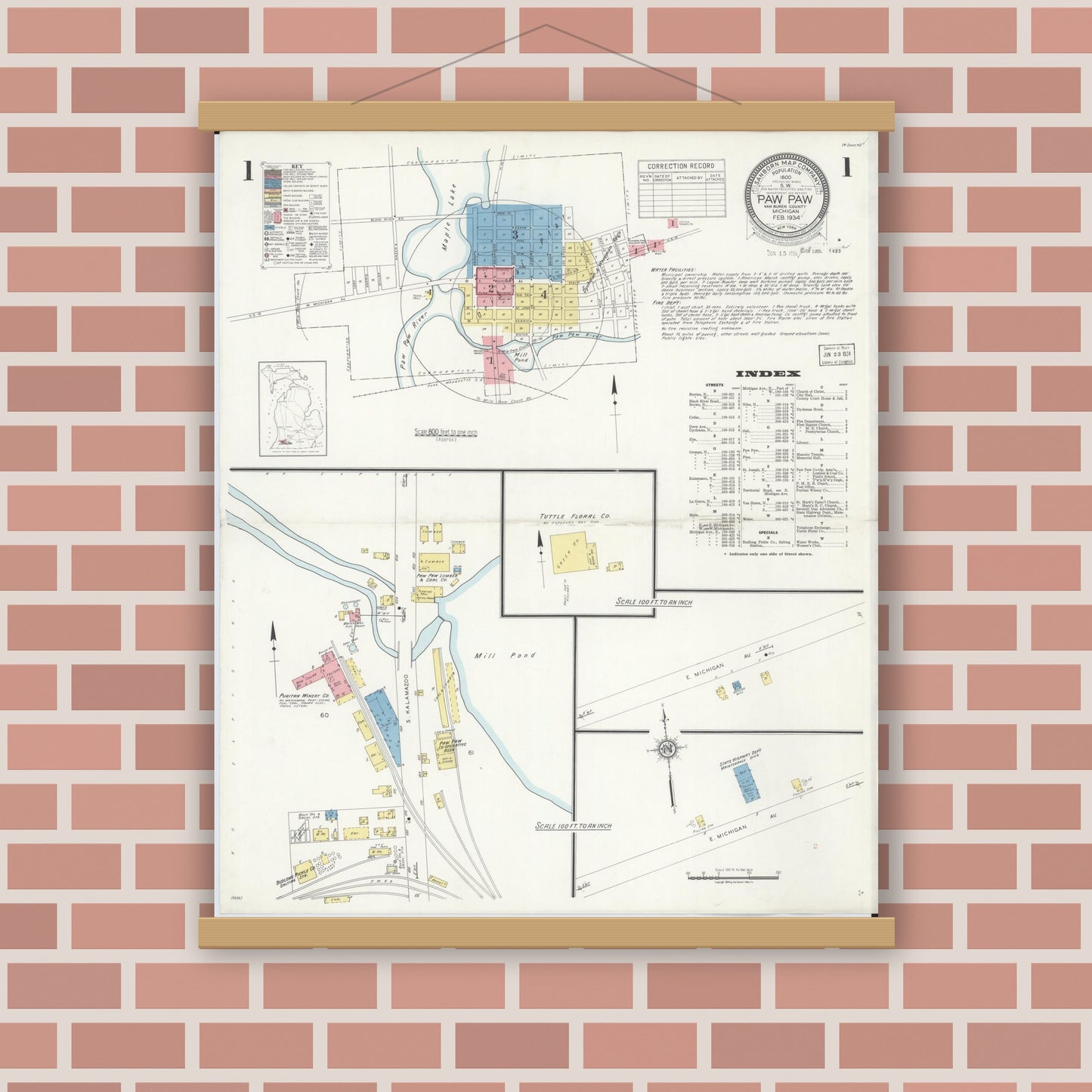 Old map wall art mockup — magnetic wood frame on brick wall — Sanborn Fire Insurance Map from Paw Paw, Van Buren County, Michigan (1934) - Complete Map Set