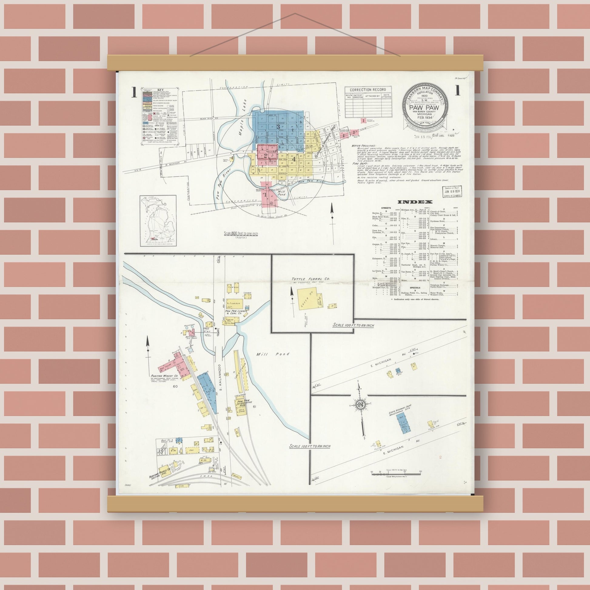 Old map wall art mockup — magnetic wood frame on brick wall — Sanborn Fire Insurance Map from Paw Paw, Van Buren County, Michigan (1934) - Complete Map Set