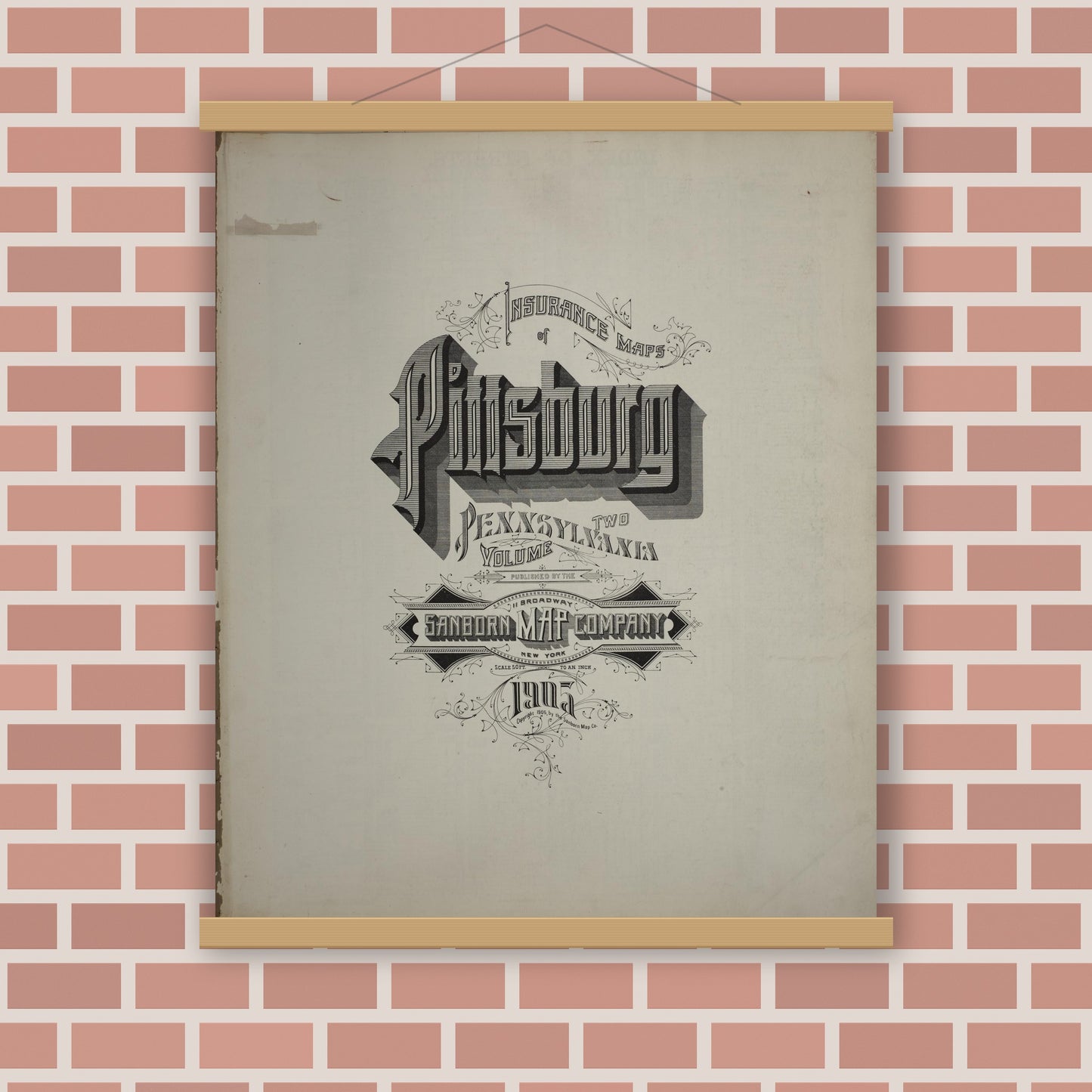 Old map wall art mockup — magnetic wood frame on brick wall — Sanborn Fire Insurance Map from Pittsburgh, Allegheny County, Pennsylvania (1905), Sheet #0001