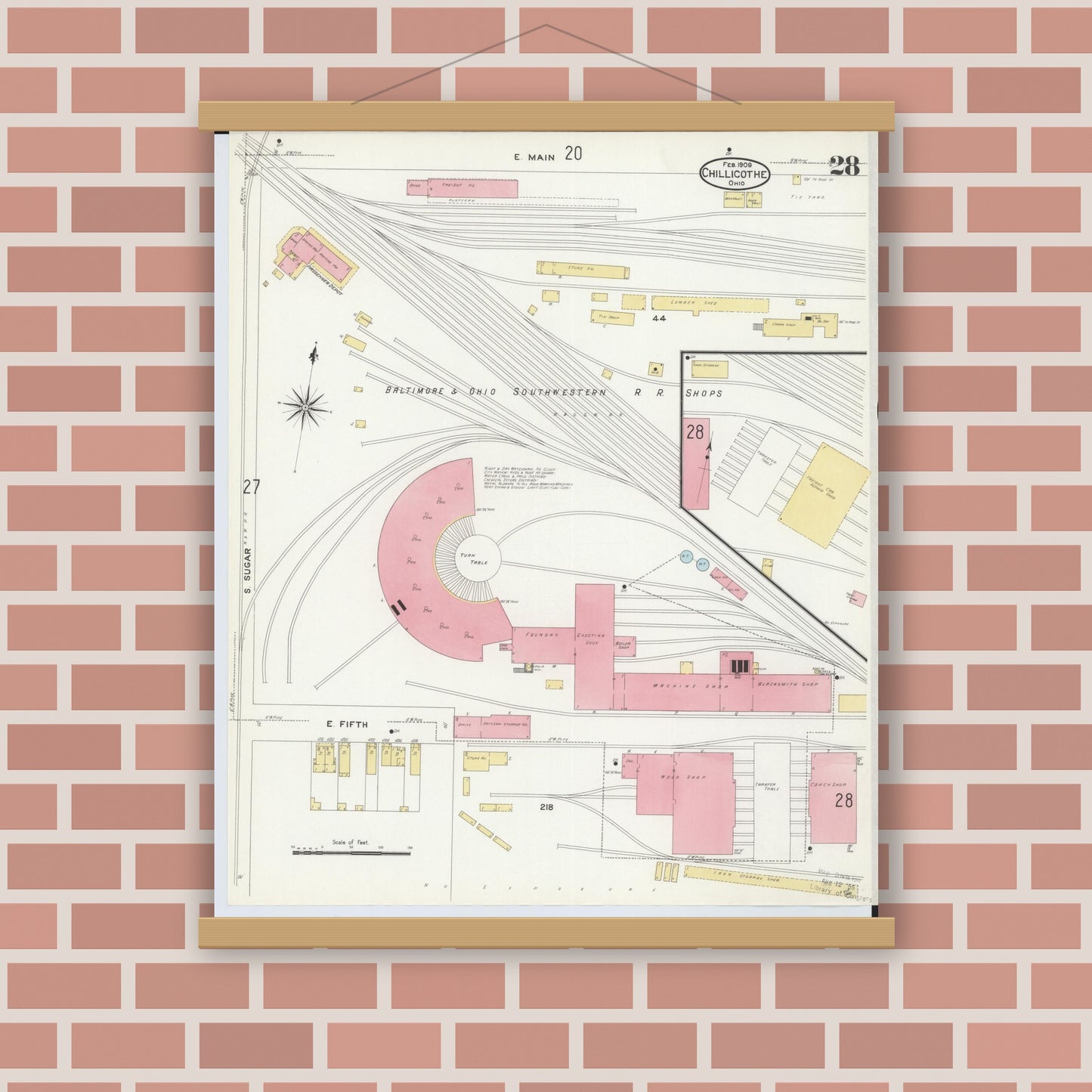 Old map wall art mockup — magnetic wood frame on brick wall — Sanborn Fire Insurance Map from Chillicothe, Ross County, Ohio (1909), Sheet #0028