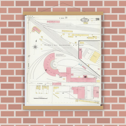 Old map wall art mockup — magnetic wood frame on brick wall — Sanborn Fire Insurance Map from Chillicothe, Ross County, Ohio (1909), Sheet #0028