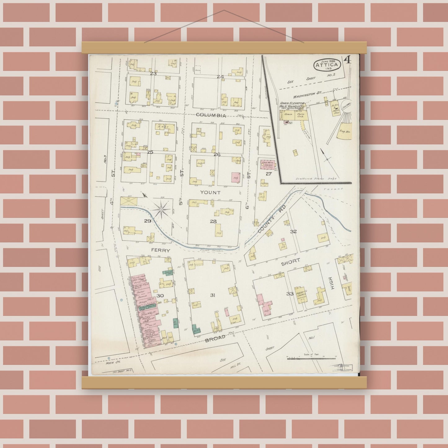 Old map wall art mockup — magnetic wood frame on brick wall — Sanborn Fire Insurance Map from Attica, Fountain County, Indiana (1886), Sheet #0004