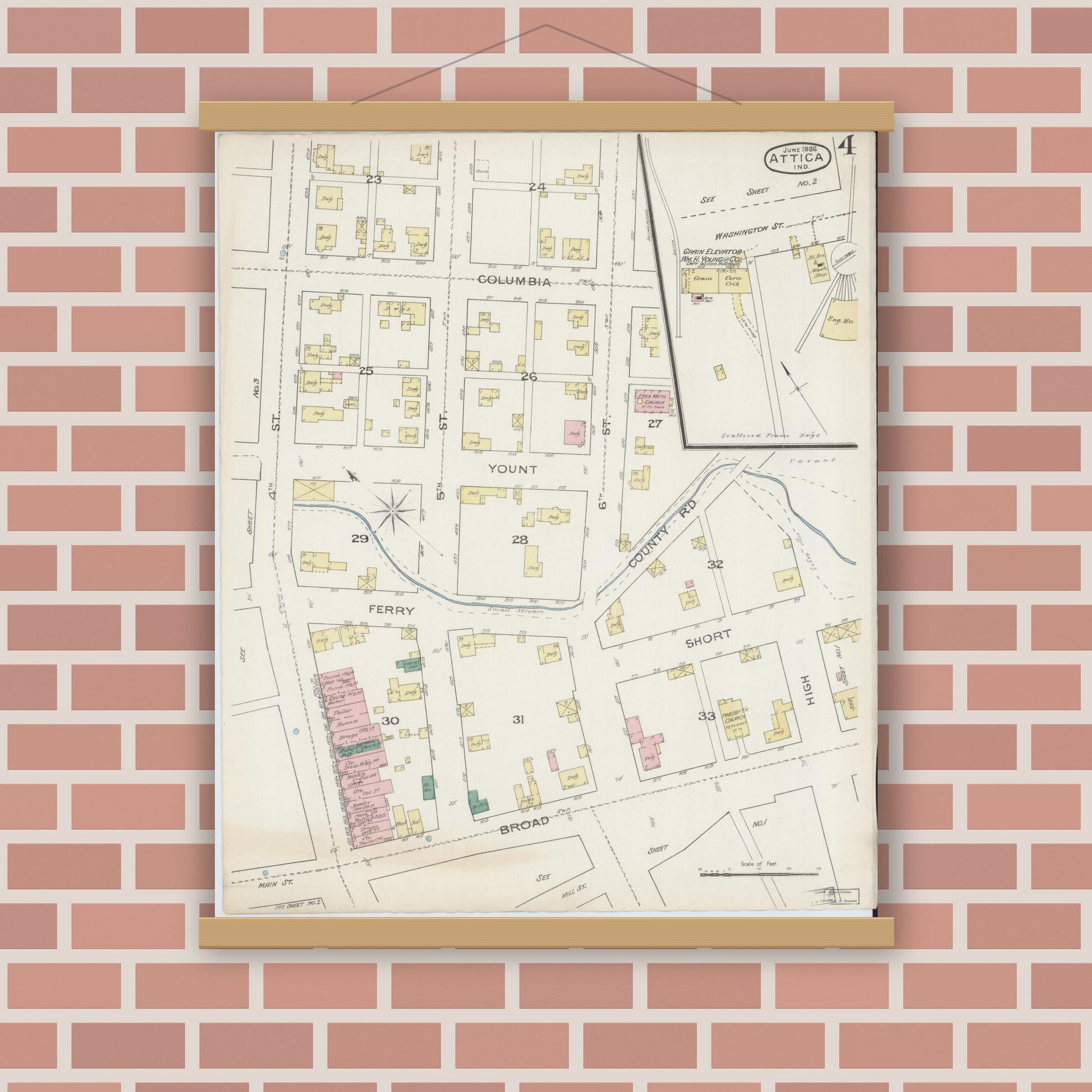 Old map wall art mockup — magnetic wood frame on brick wall — Sanborn Fire Insurance Map from Attica, Fountain County, Indiana (1886), Sheet #0004