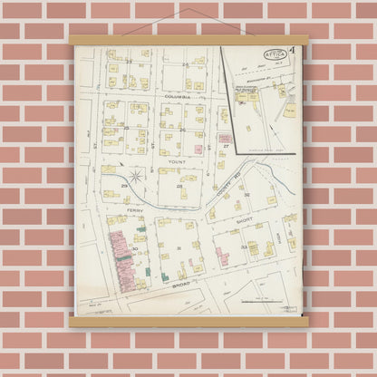 Old map wall art mockup — magnetic wood frame on brick wall — Sanborn Fire Insurance Map from Attica, Fountain County, Indiana (1886), Sheet #0004
