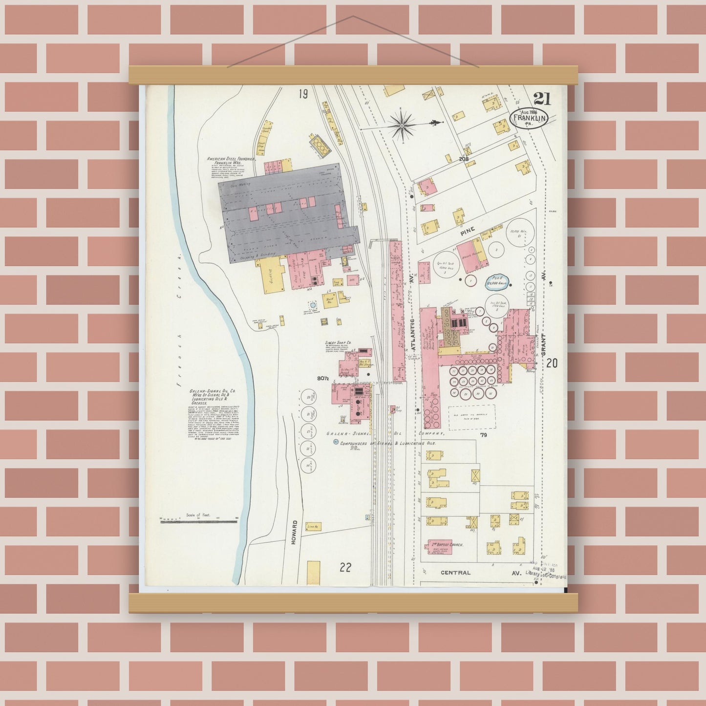 Old map wall art mockup — magnetic wood frame on brick wall — Sanborn Fire Insurance Map from Franklin, Venango County, Pennsylvania (1906), Sheet #0021