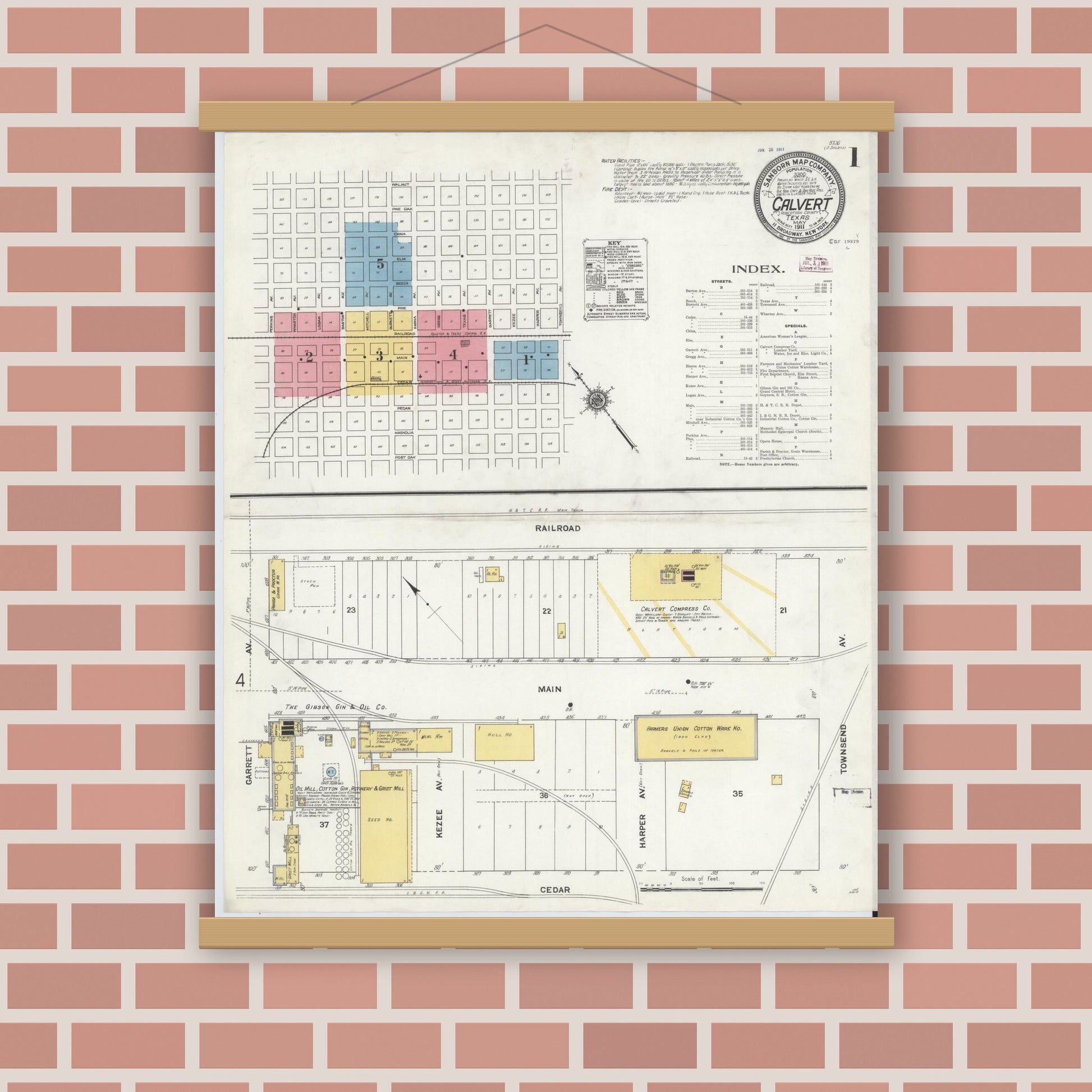 Old map wall art mockup — magnetic wood frame on brick wall — Sanborn Fire Insurance Map from Calvert, Robertson County, Texas (1911), Sheet #0001