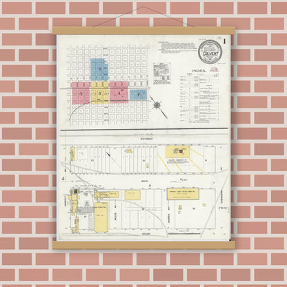 Old map wall art mockup — magnetic wood frame on brick wall — Sanborn Fire Insurance Map from Calvert, Robertson County, Texas (1911), Sheet #0001