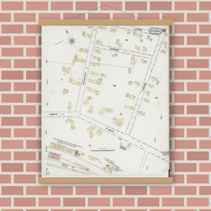 Old map wall art mockup — magnetic wood frame on brick wall — Sanborn Fire Insurance Map from Orange, Franklin County, Massachusetts (1889), Sheet #0006