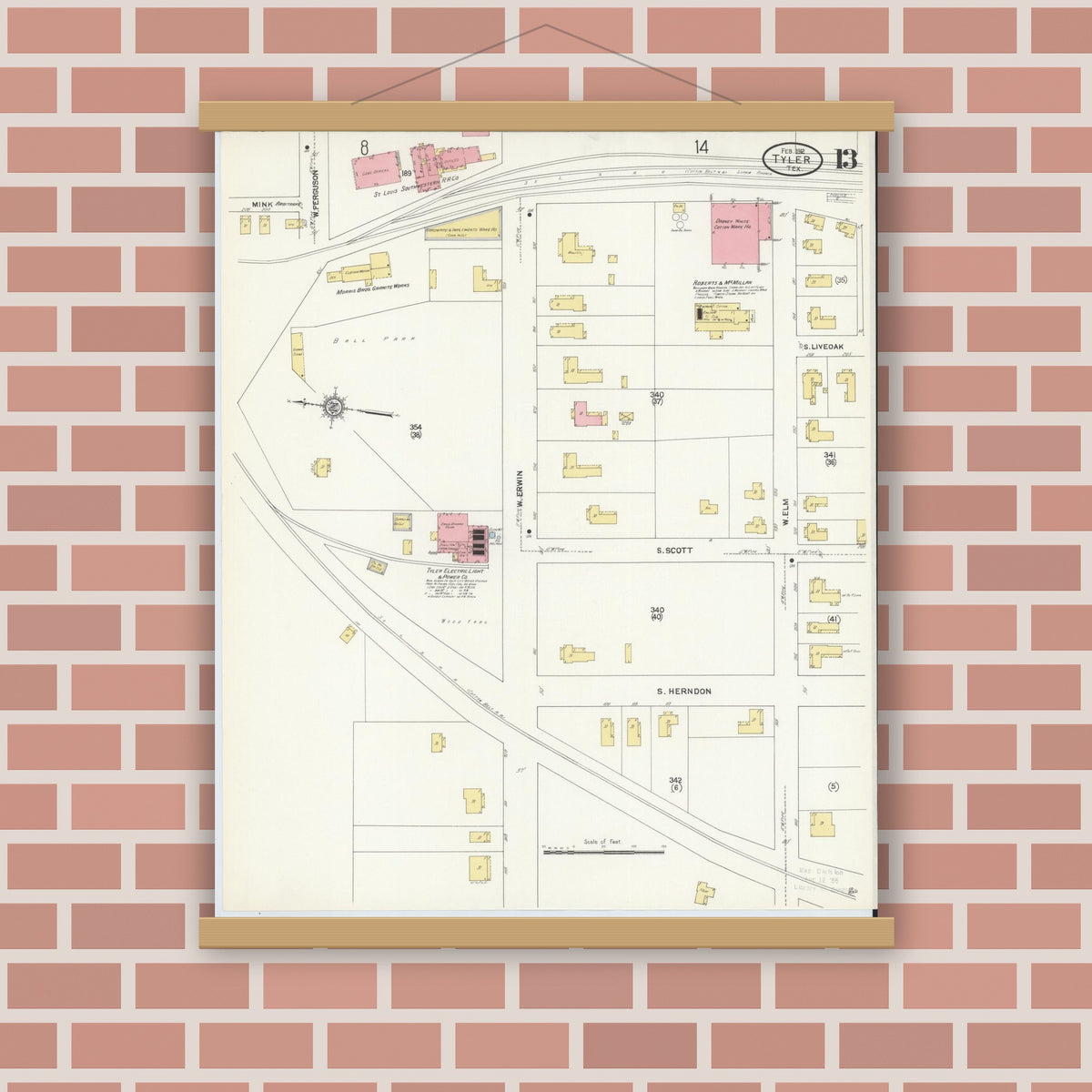 Old map wall art mockup — magnetic wood frame on brick wall — Sanborn Fire Insurance Map from Tyler, Smith County, Texas (1912), Sheet #0013