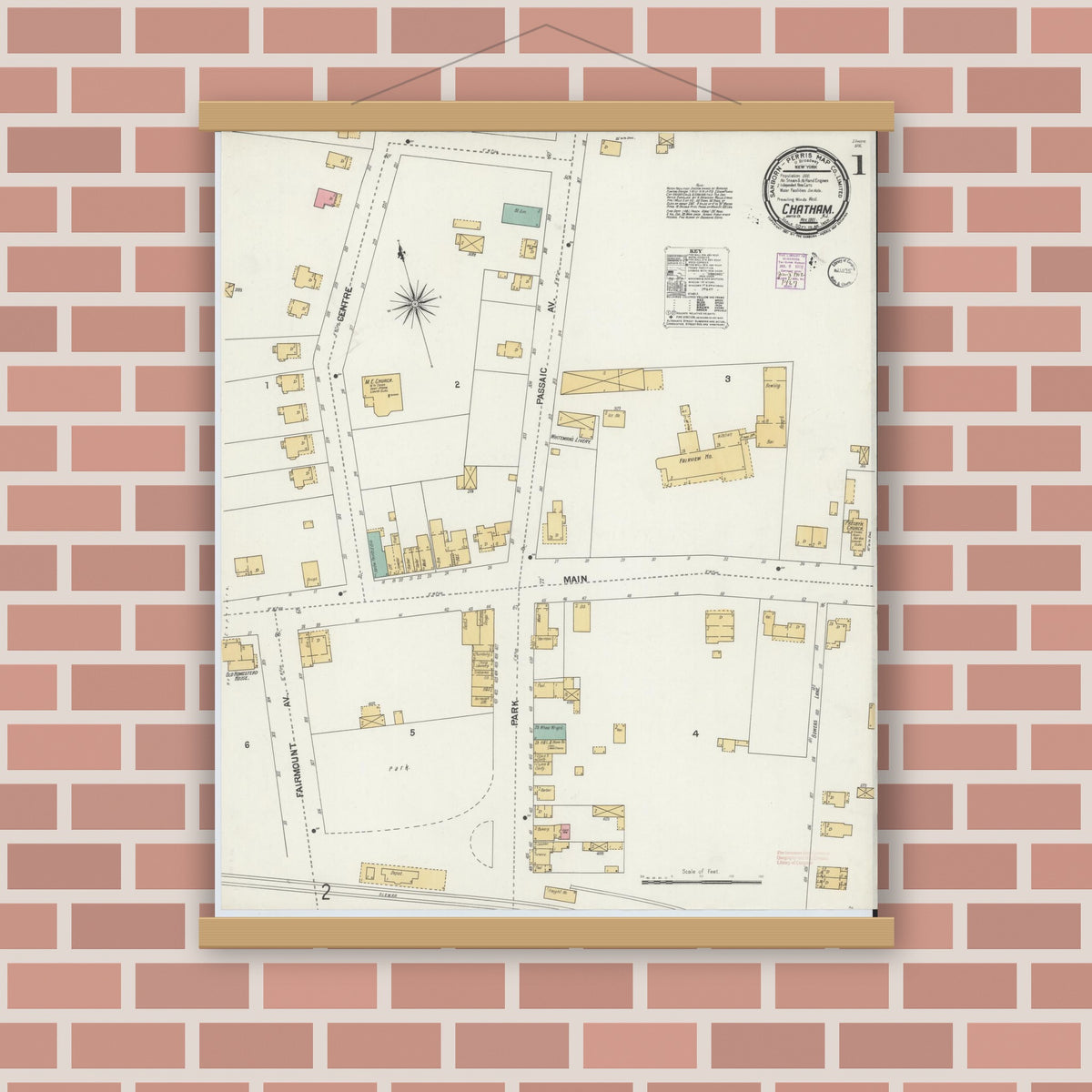 Old map wall art mockup — magnetic wood frame on brick wall — Sanborn Fire Insurance Map from Chatham, Morris County, New Jersey (1901), Sheet #0001