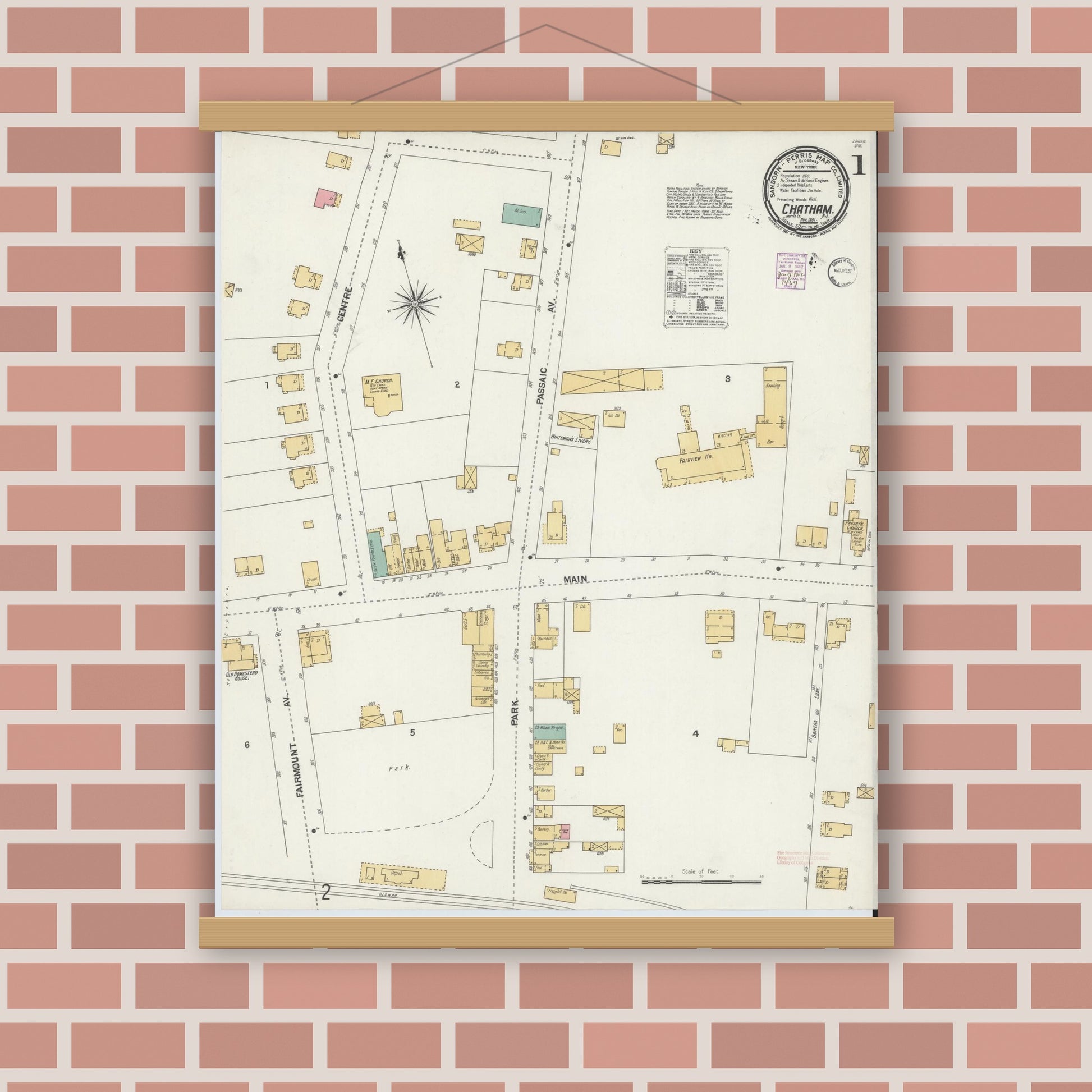 Old map wall art mockup — magnetic wood frame on brick wall — Sanborn Fire Insurance Map from Chatham, Morris County, New Jersey (1901), Sheet #0001