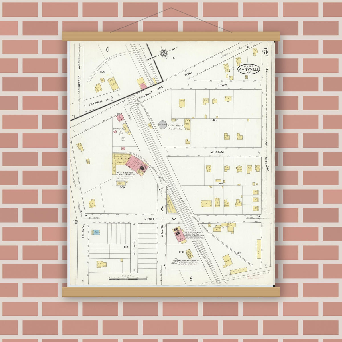 Old map wall art mockup — magnetic wood frame on brick wall — Sanborn Fire Insurance Map from Amityville, Suffolk County, New York (1915), Sheet #0005