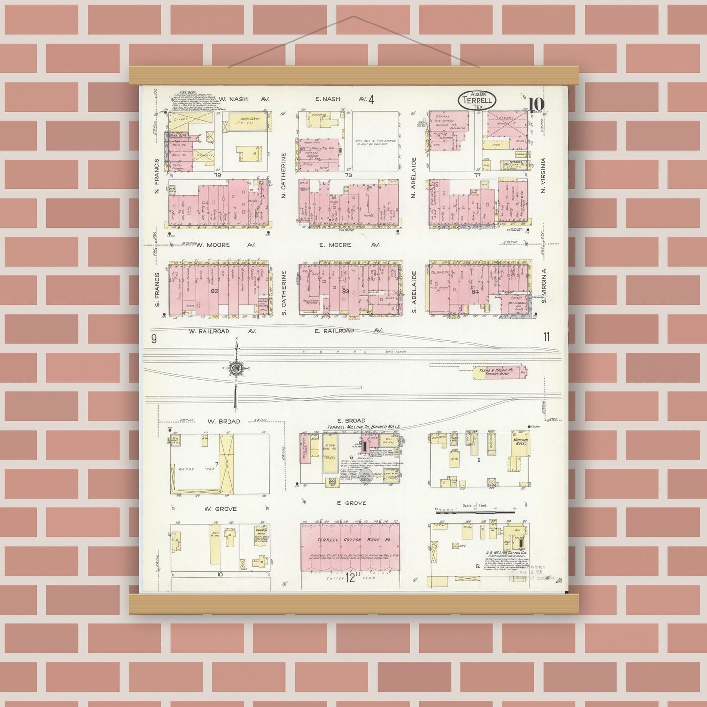 Old map wall art mockup — magnetic wood frame on brick wall — Sanborn Fire Insurance Map from Terrell, Kaufman County, Texas (1914), Sheet #0010