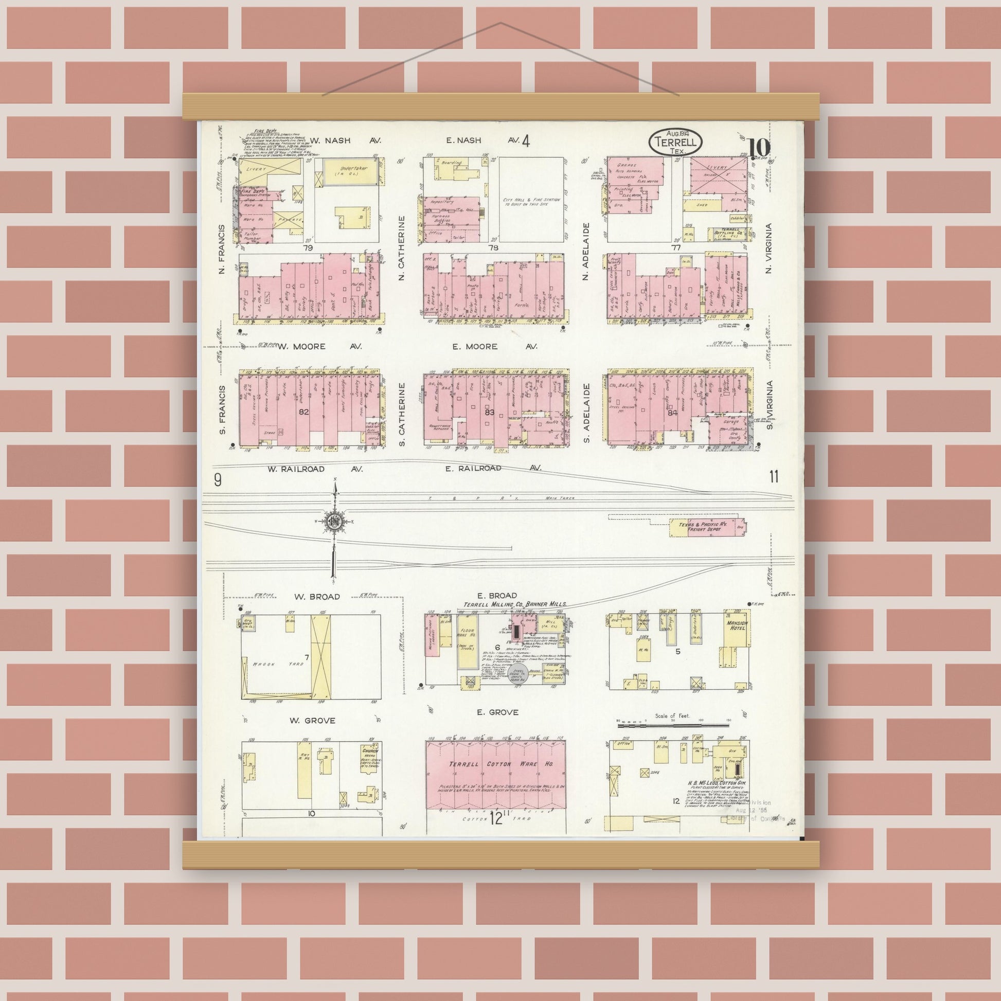 Old map wall art mockup — magnetic wood frame on brick wall — Sanborn Fire Insurance Map from Terrell, Kaufman County, Texas (1914), Sheet #0010