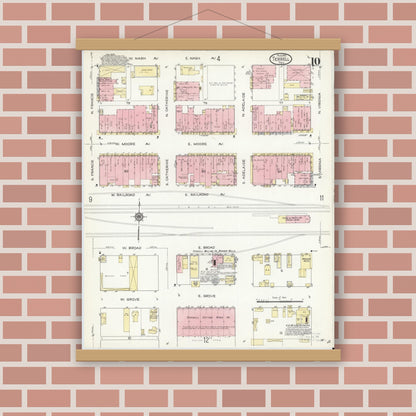 Old map wall art mockup — magnetic wood frame on brick wall — Sanborn Fire Insurance Map from Terrell, Kaufman County, Texas (1914), Sheet #0010