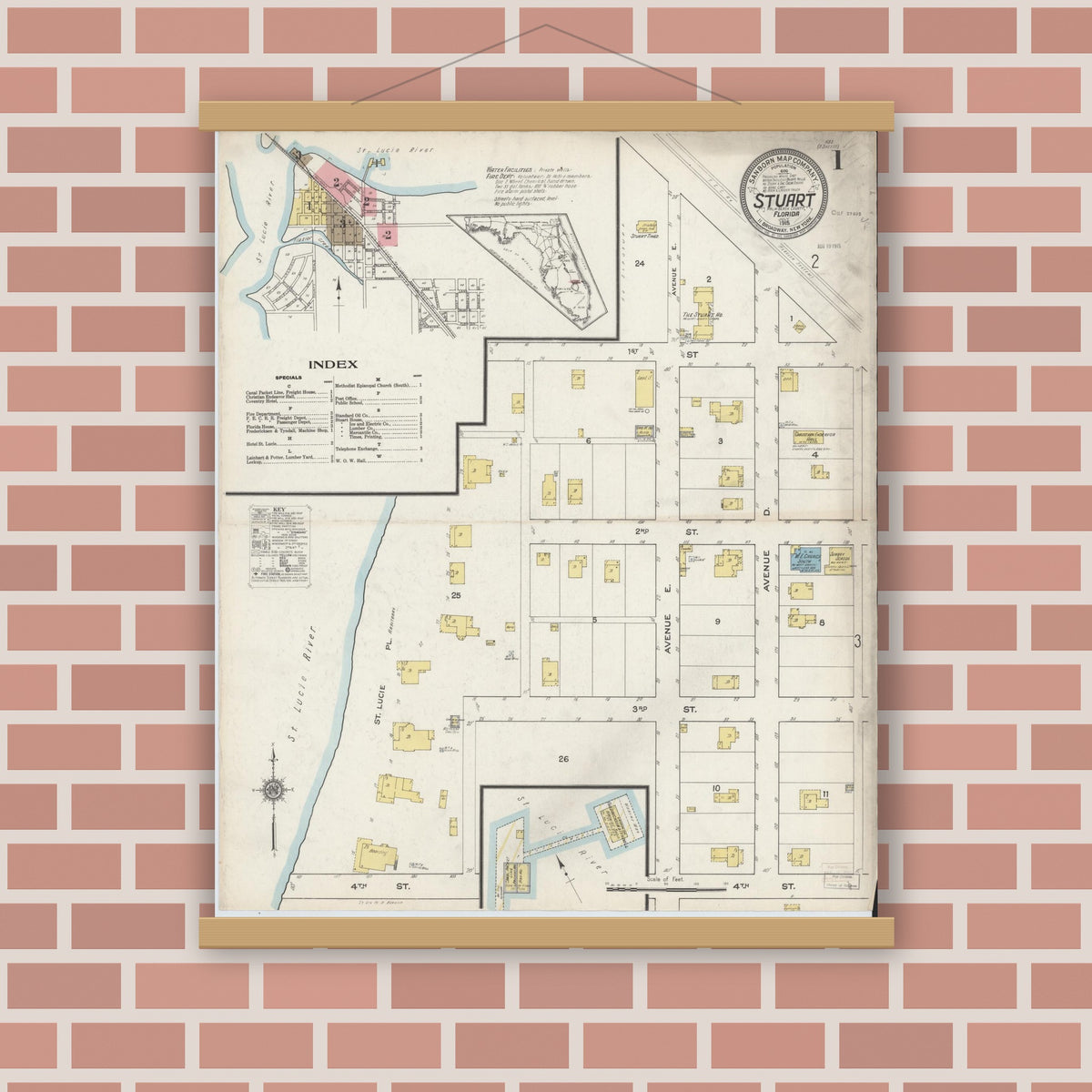 Old map wall art mockup — magnetic wood frame on brick wall — Sanborn Fire Insurance Map from Stuart, Martin County, Florida (1915), Sheet #0001