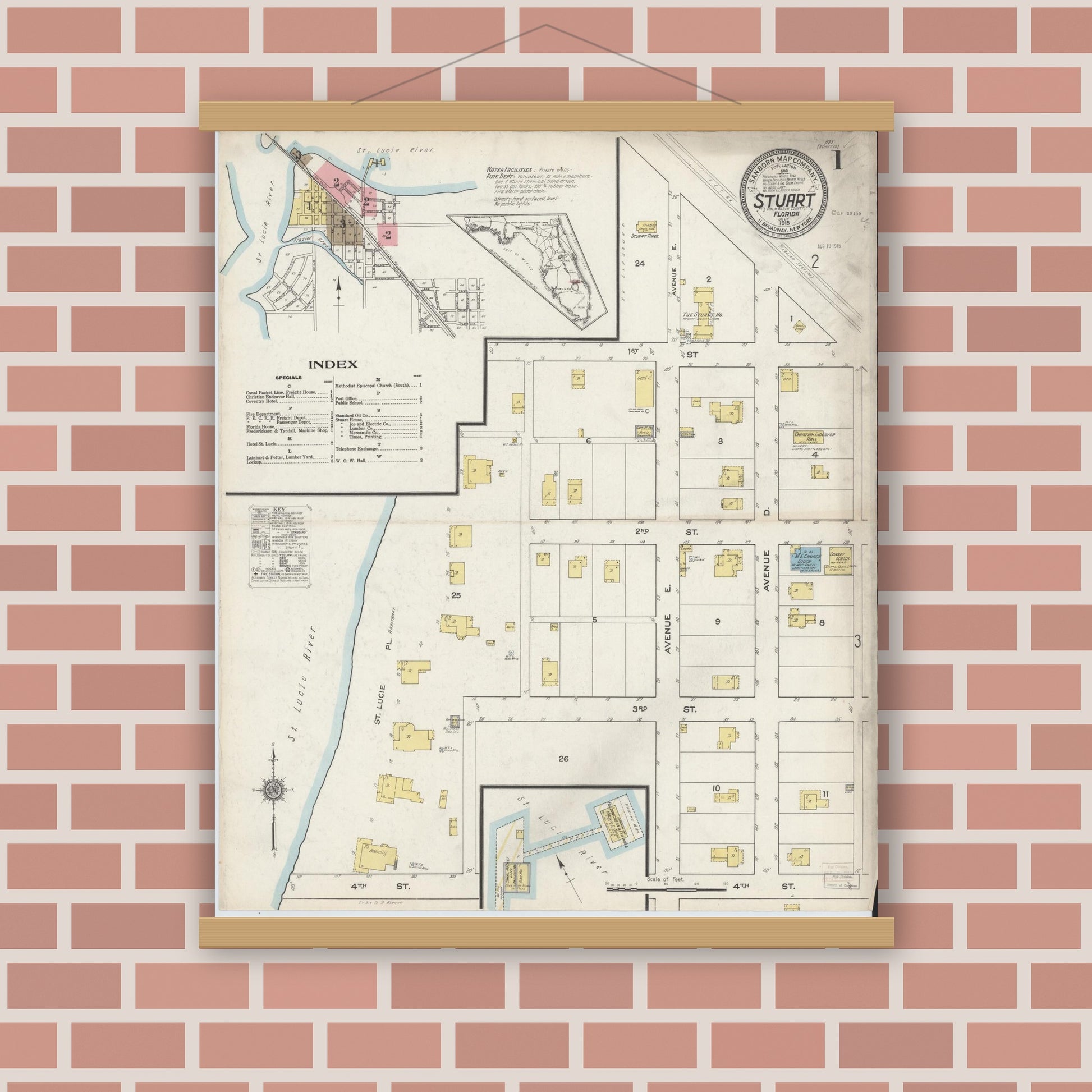 Old map wall art mockup — magnetic wood frame on brick wall — Sanborn Fire Insurance Map from Stuart, Martin County, Florida (1915), Sheet #0001