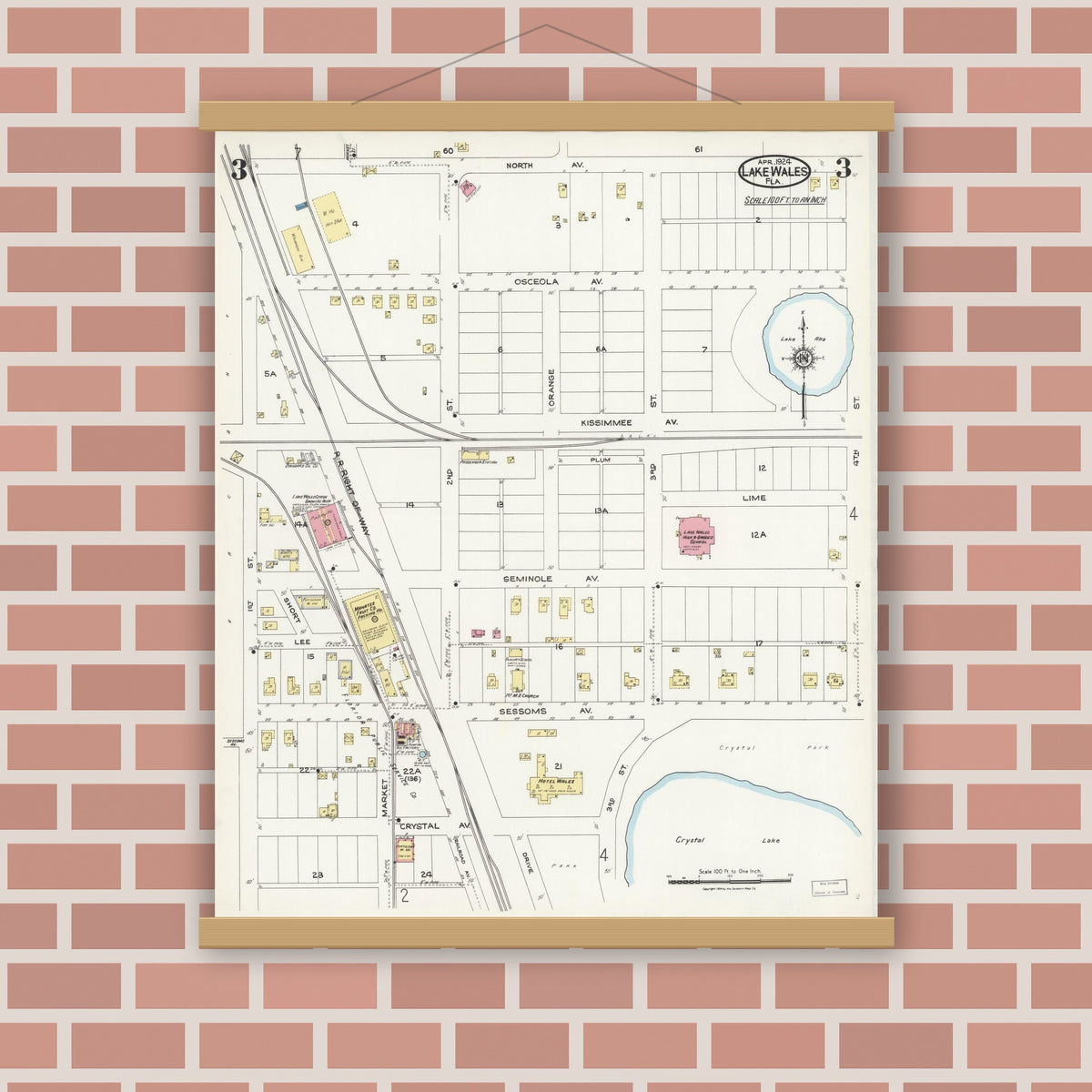 Old map wall art mockup — magnetic wood frame on brick wall — Sanborn Fire Insurance Map from Lake Wales, Polk County, Florida (1924), Sheet #0003