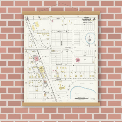 Old map wall art mockup — magnetic wood frame on brick wall — Sanborn Fire Insurance Map from Lake Wales, Polk County, Florida (1924), Sheet #0003